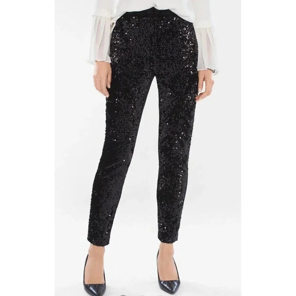 Chico’s Pants Womens 0.5 (S/6) Black Sequin Velvet Tapered Ankle Pull-On Hi Rise - Picture 1 of 11